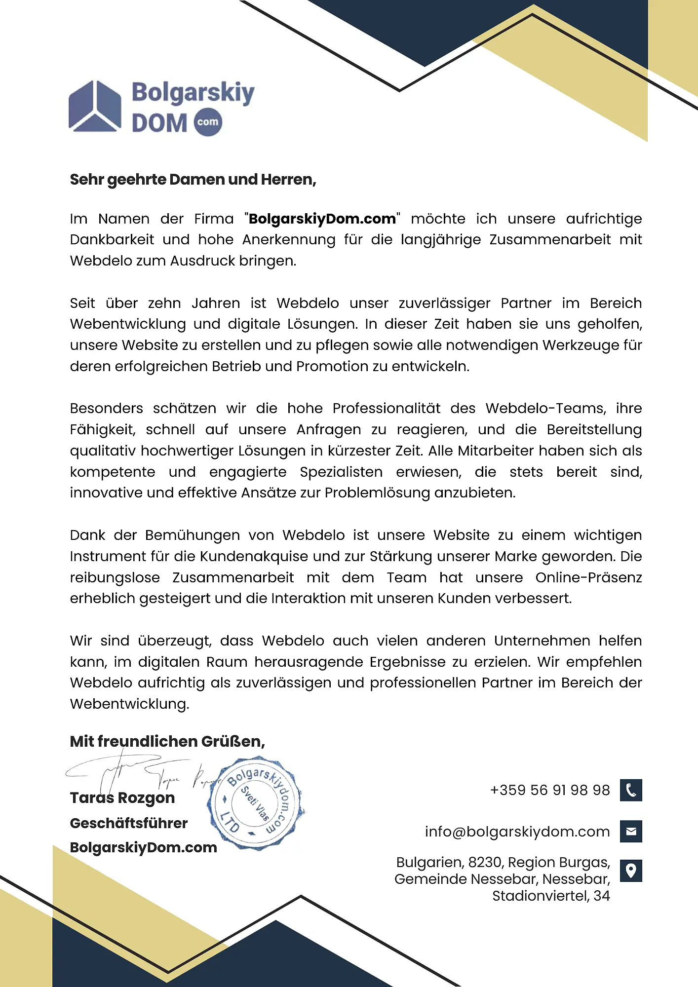 Dankesschreiben für das Bolgarskiydom-Projekt