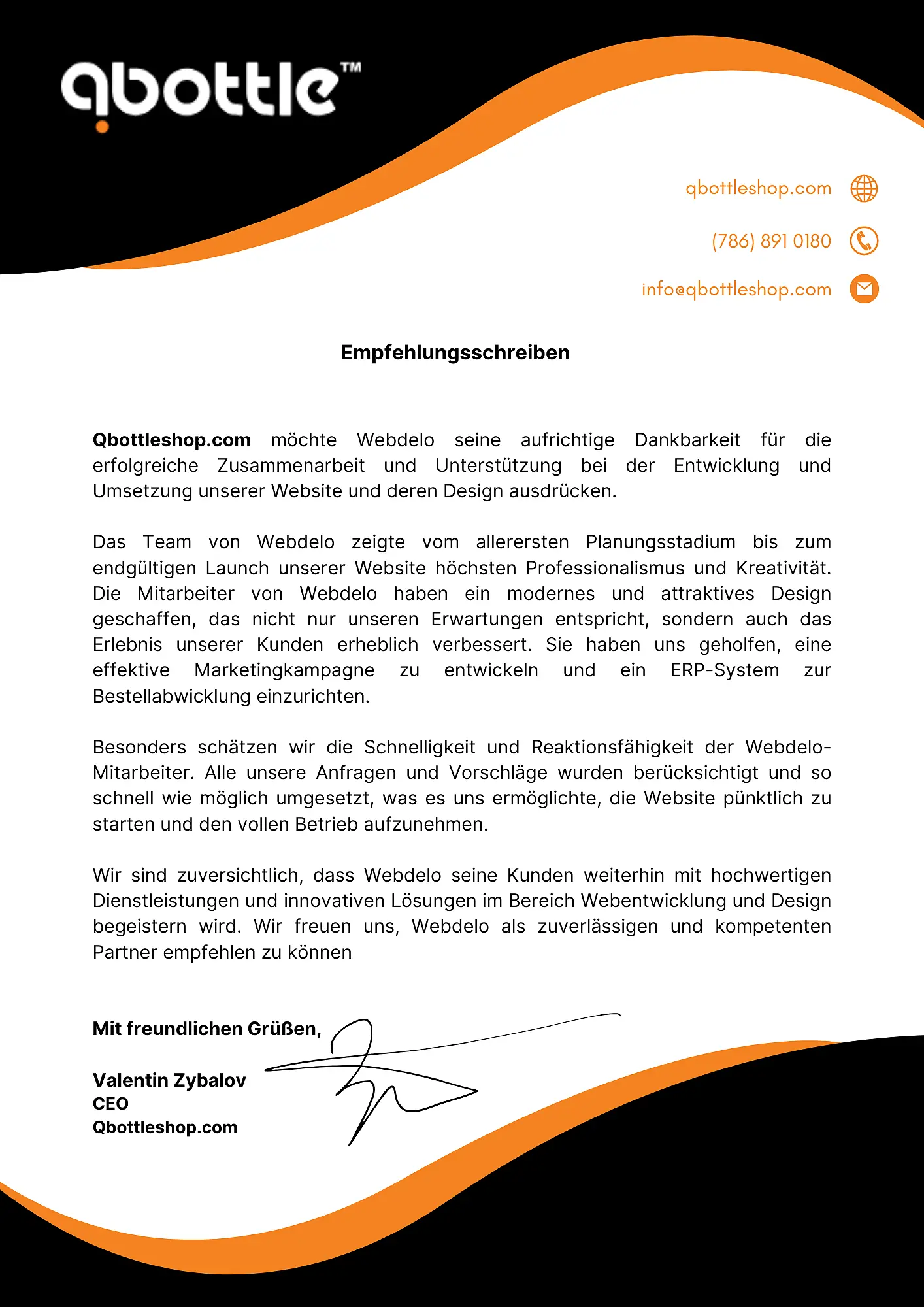 Dankesschreiben für das Qbottle-Projekt