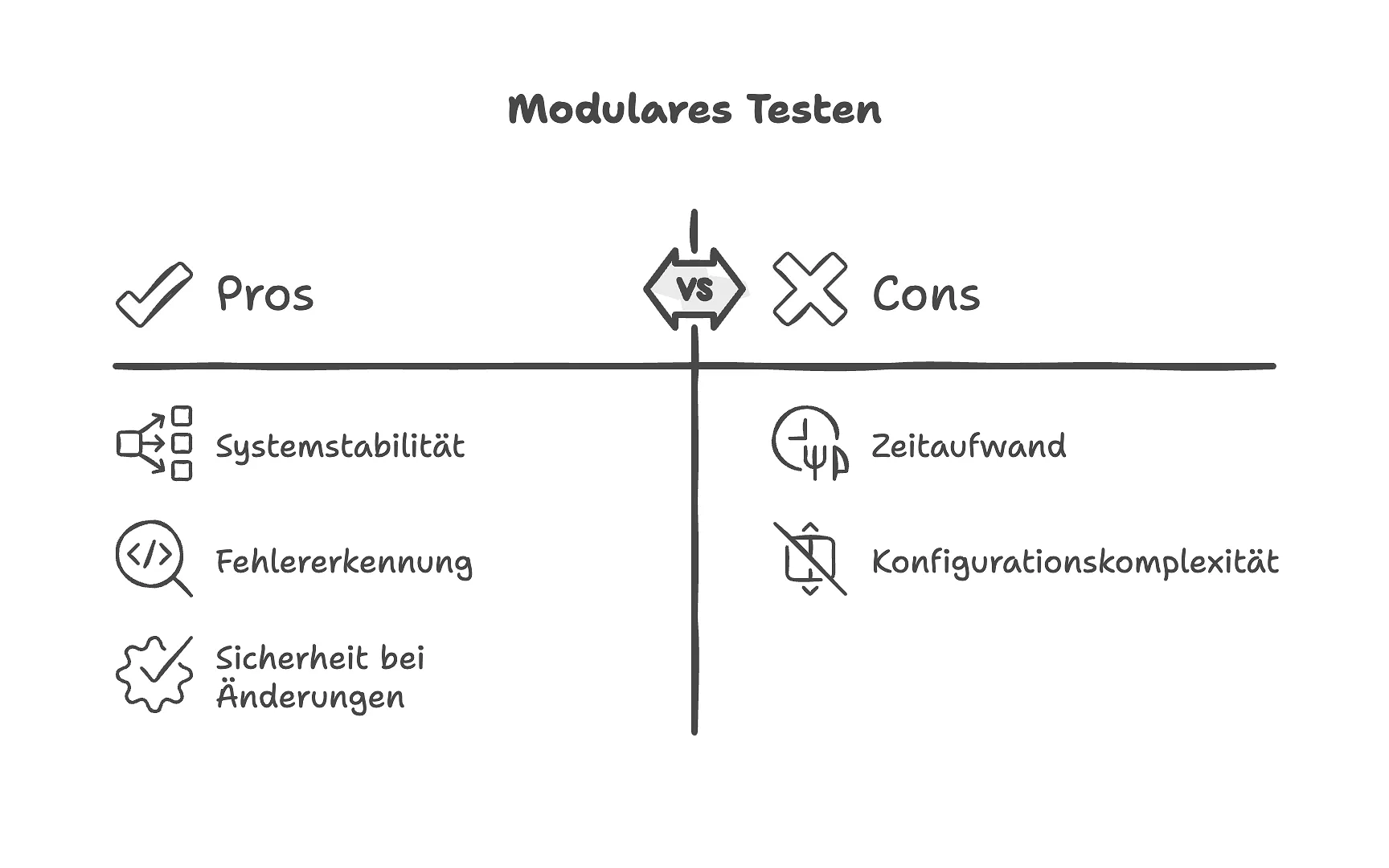 Tabelle der Vor- und Nachteile des modularen Testens