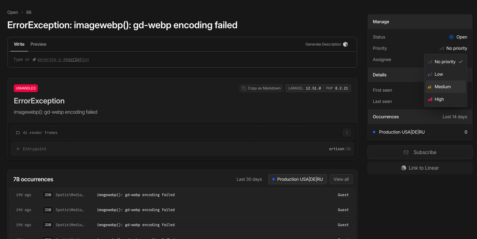 Laravel Nightwatch — exception details with stack trace