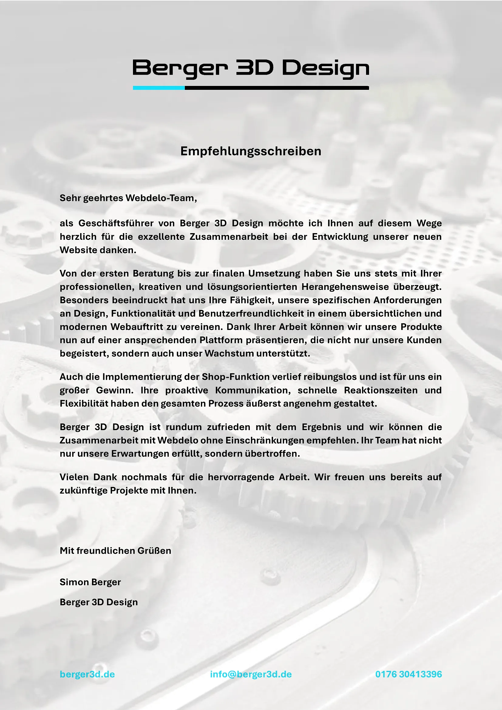 Empfehlungsschreiben Webdelo Berger 3D Design