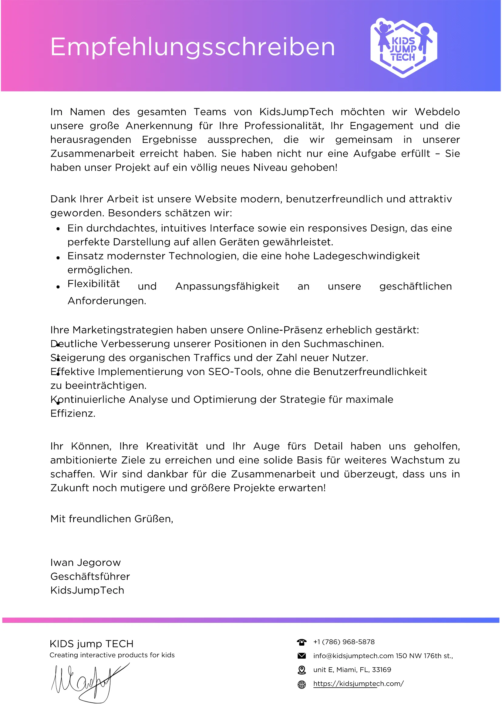 Dankesschreiben für das KidsJumpTech-Projekt