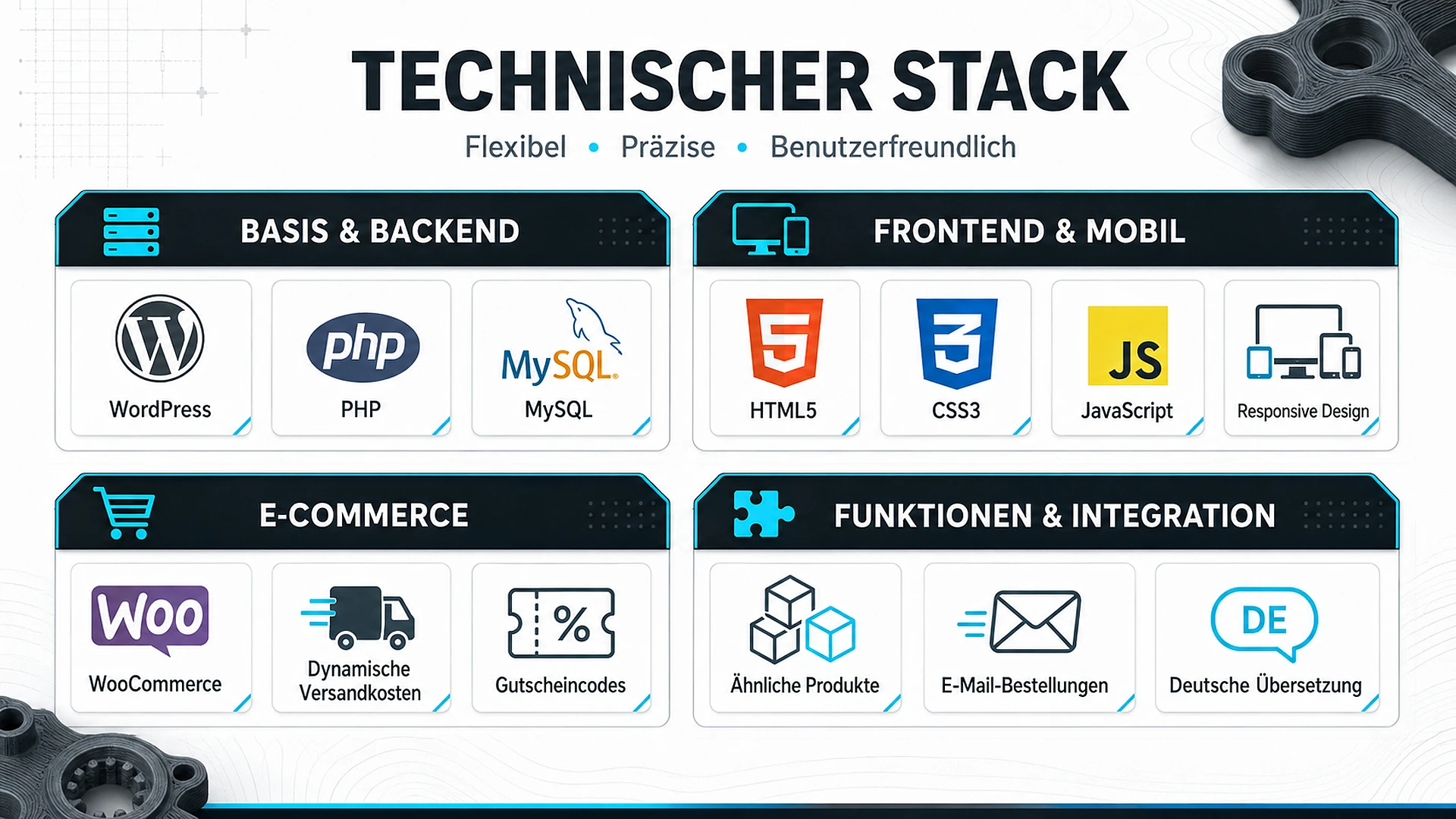 Der Webdelo-Technologie-Stack für die Webentwicklung: Laravel, Vue.js, Docker, Kubernetes, PostgreSQL, PHP, Go, HTML, SCSS, KI, Webhooks und QA