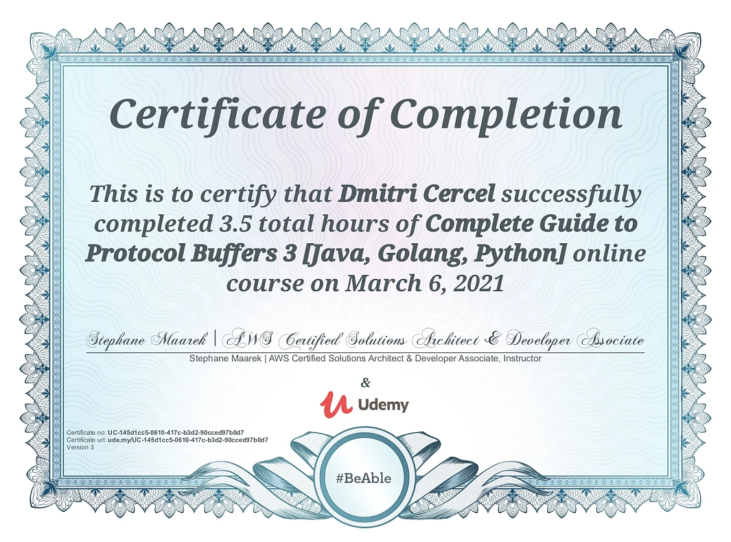 Сертификат Дмитрия Черчела по онлайн-курсу Complete Guide to Protocol Buffers 3