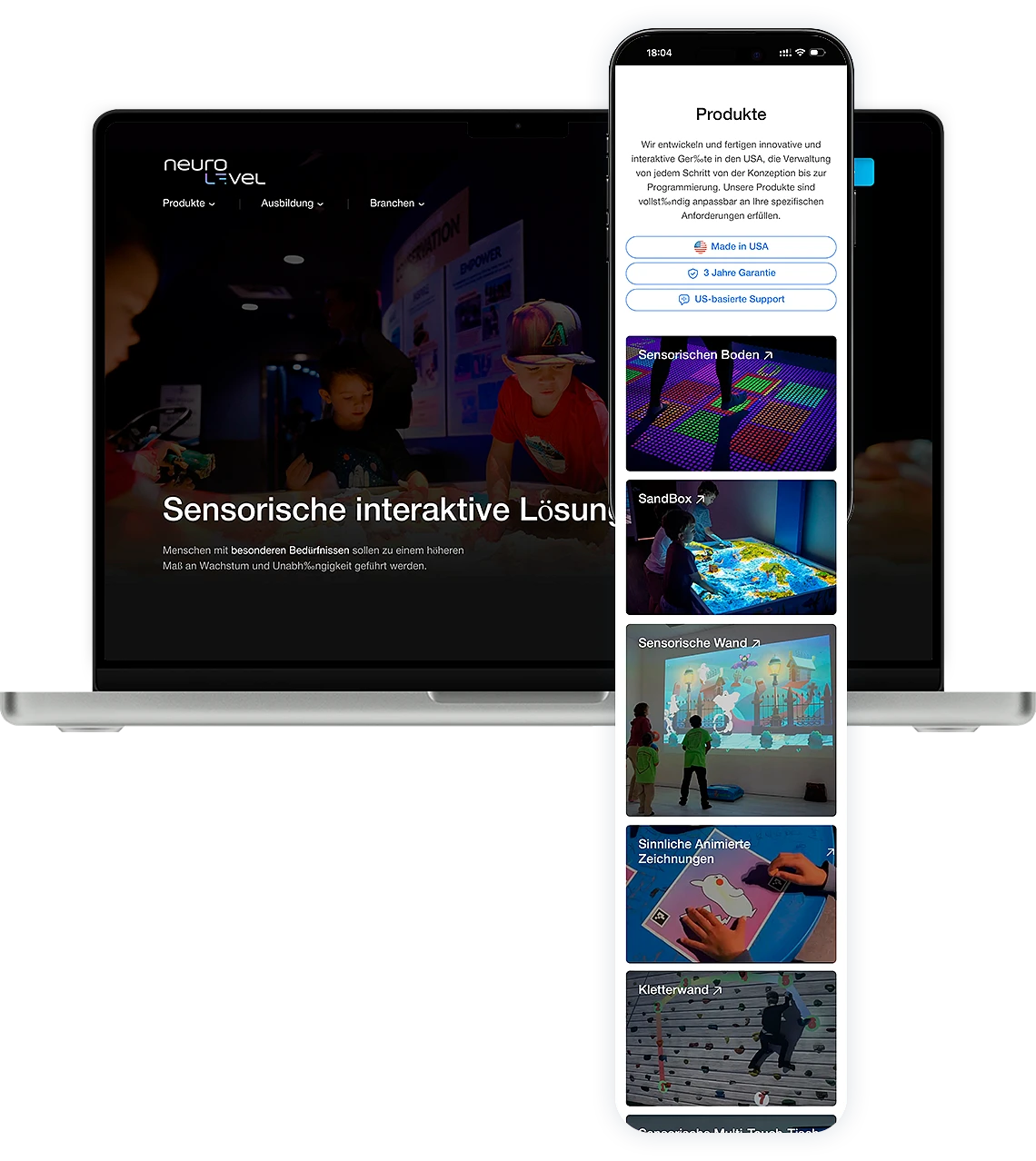Responsive Website von Neuro Level mit interaktiven sensorischen Lösungen für Bildung und Rehabilitation auf Laptop und Smartphone