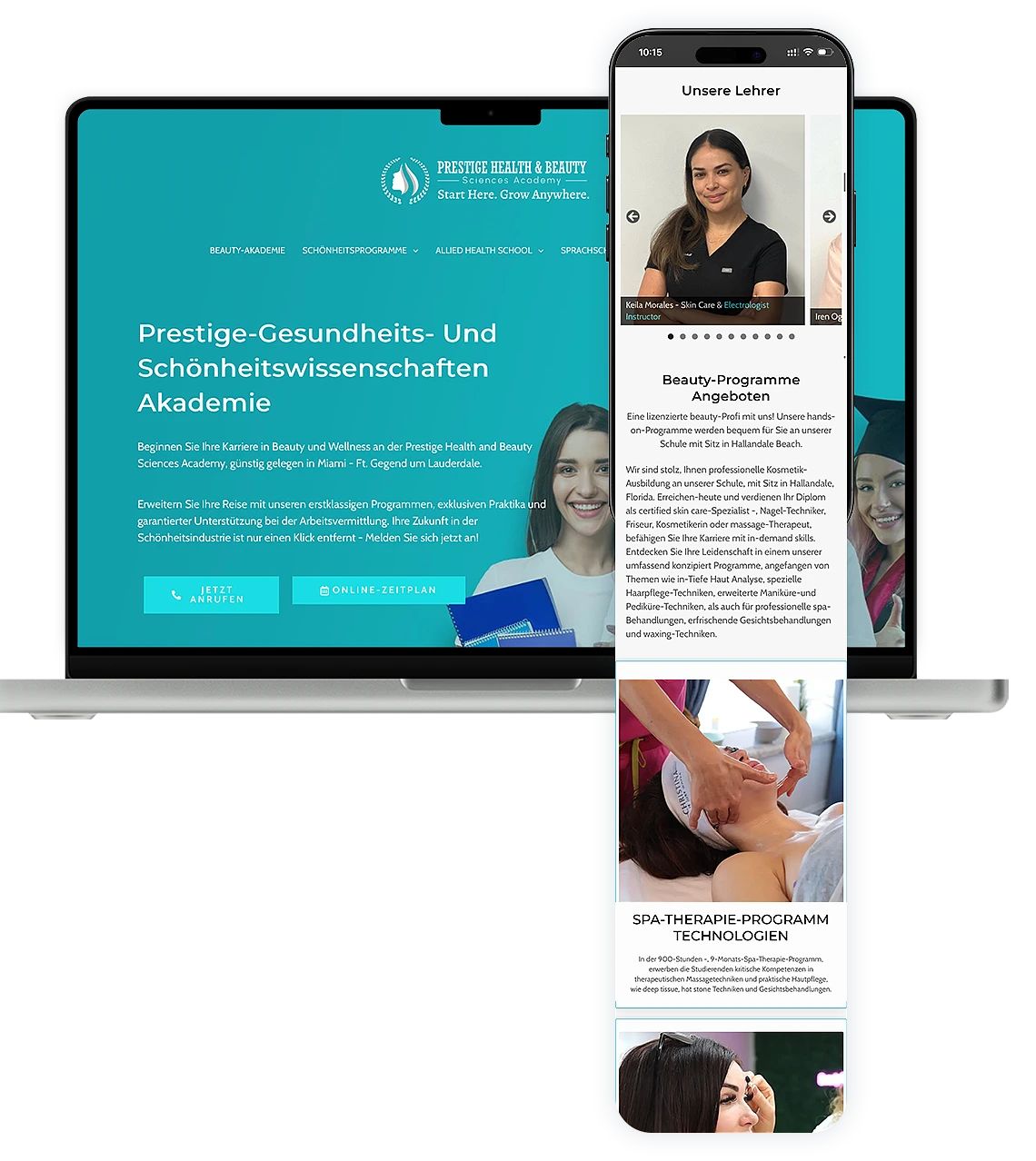 Responsive Website der Prestige Health and Beauty Sciences Academy in Miami auf Laptop und Smartphone