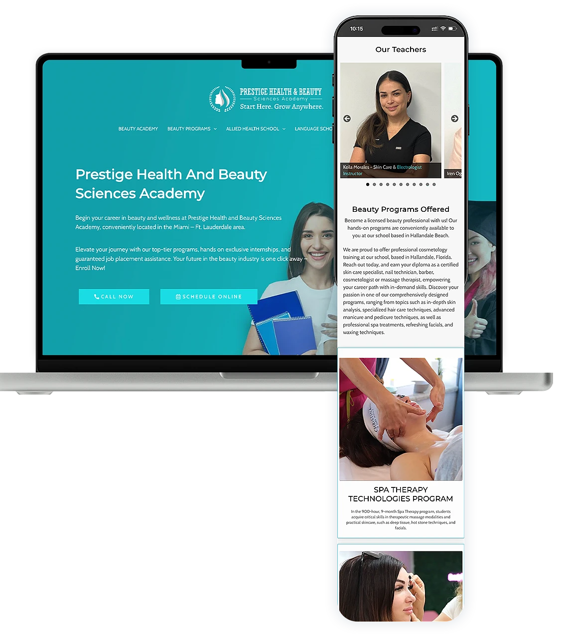 Responsive website for Prestige Health and Beauty Sciences Academy in Miami displayed on laptop and smartphone