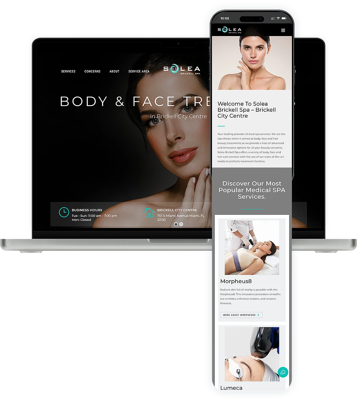 Responsive website for Solea Brickell Spa medical spa in Miami displayed on laptop and smartphone