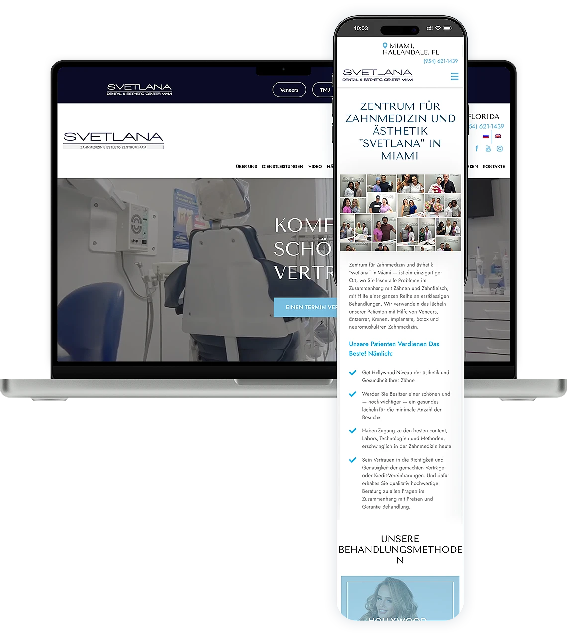 Responsive Website der Zahnklinik Svetlana in Miami auf Laptop und Smartphone