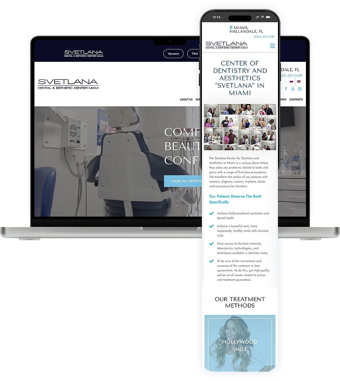 Responsive website for Svetlana dental clinic in Miami displayed on laptop and smartphone