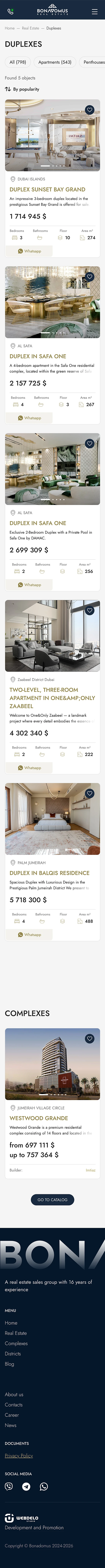 Mobile Ansicht einer Immobilien-Katalogseite mit Objektkarten und Preisen