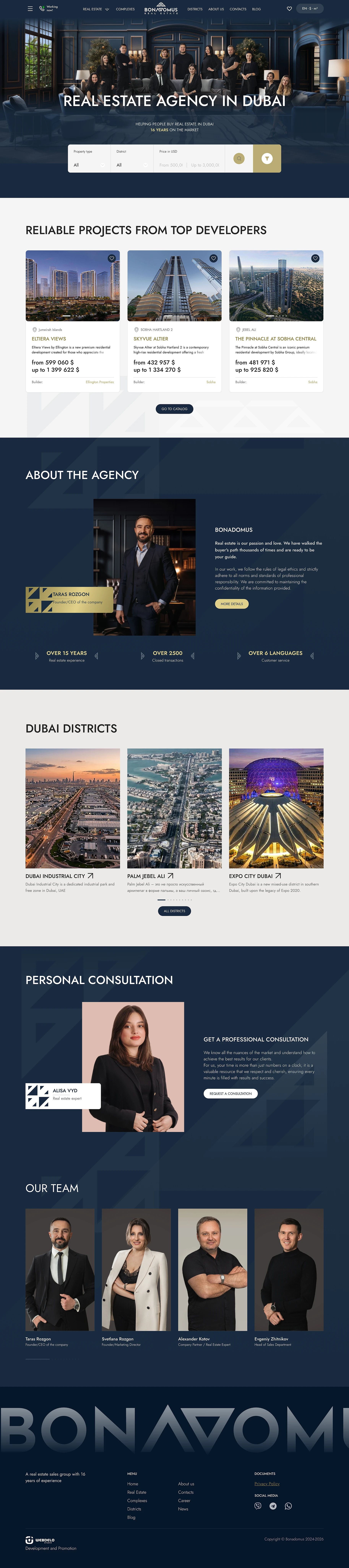 Desktop-Ansicht der Startseite einer Immobilienagentur mit Immobilien, Stadtteilen, Beratern und Team
