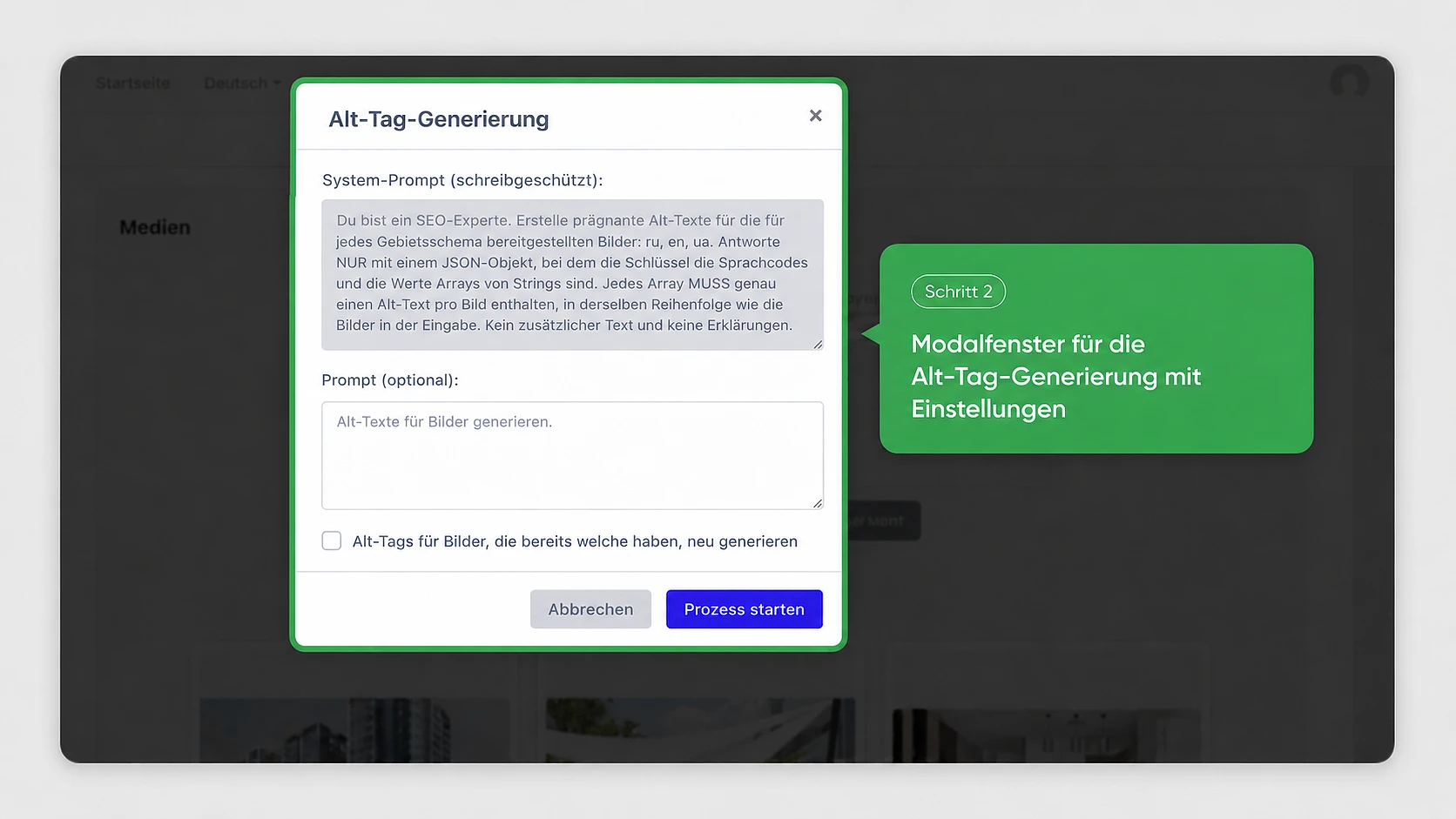 Modal-Fenster zur Generierung von Alt-Tags mit System-Prompt und Einstellungen