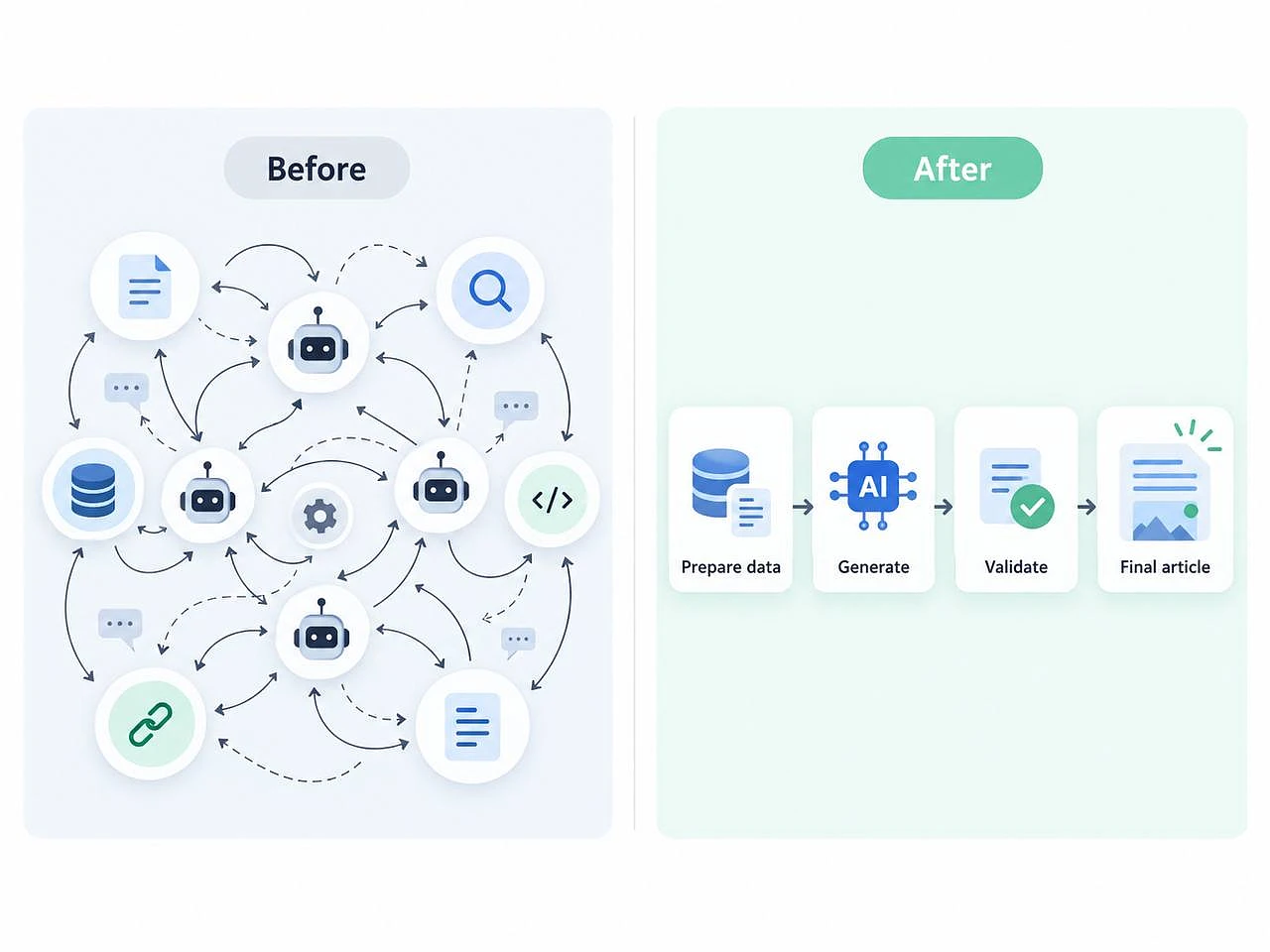 Before and after: a web of AI agents replaced by a linear flow of prepare data, generate, validate, final article