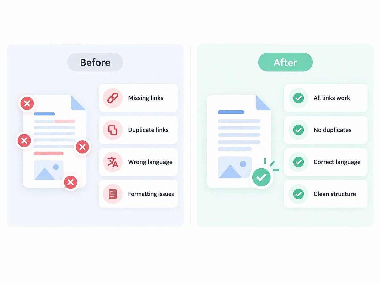 Validation in AI workflow automation: missing, duplicate and wrong-language links before checks, clean article after