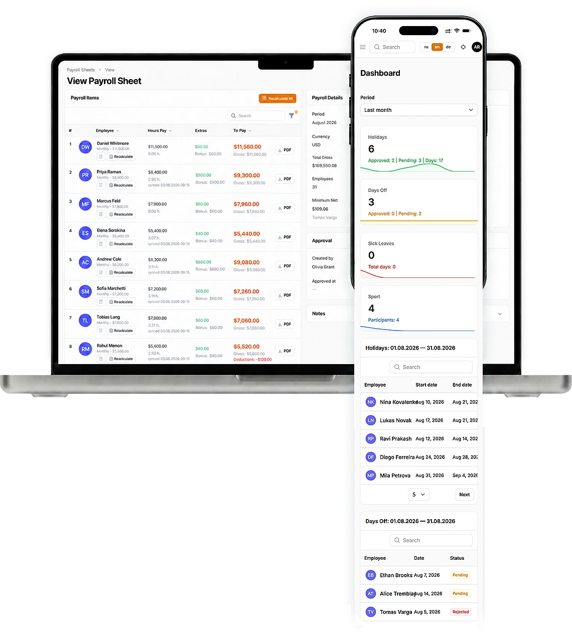 Internal ERP system interface for managing payroll, employee leave and working time
