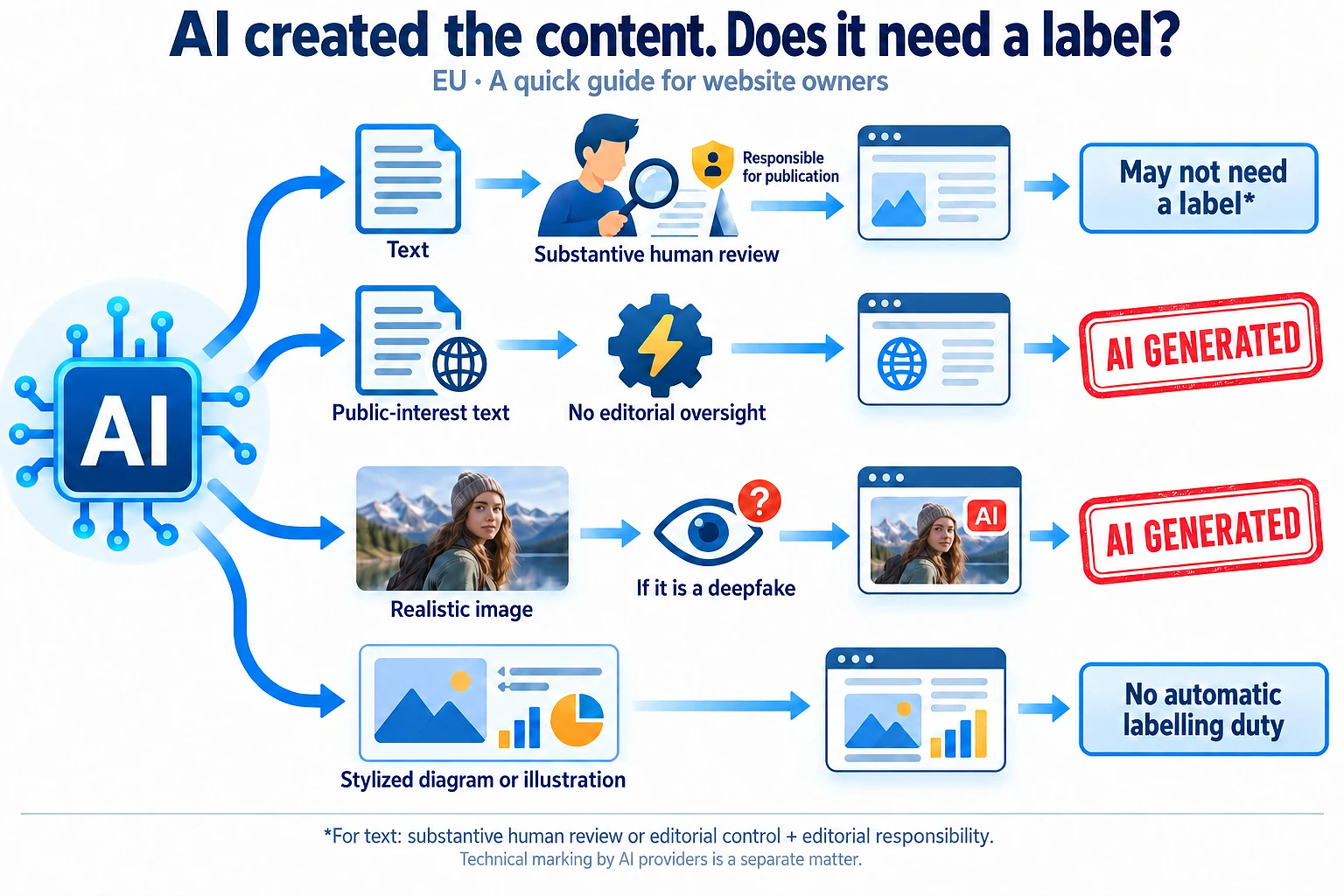 EU AI disclosure rules for reviewed text, public-interest text, deepfake images, and diagrams