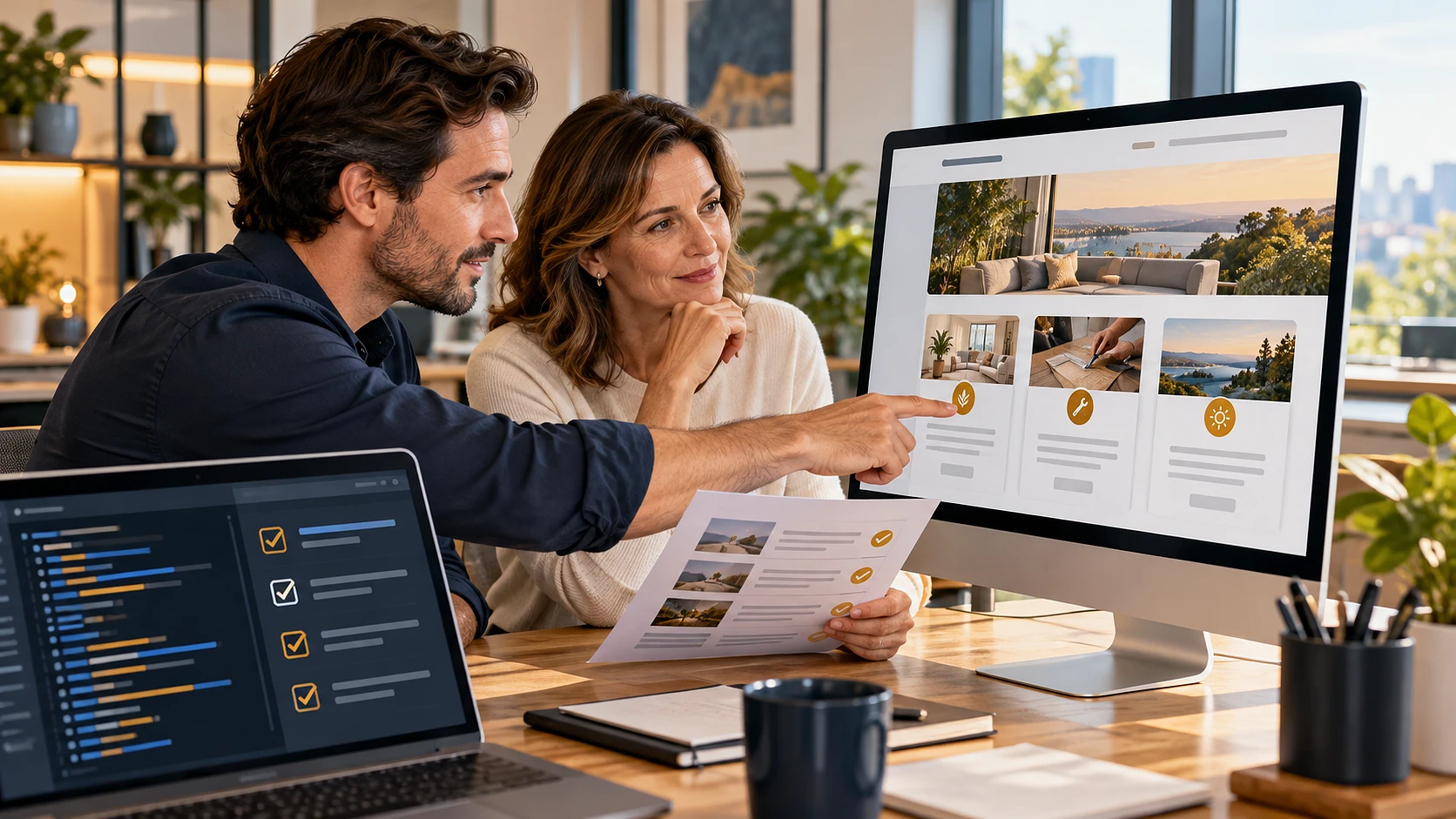 A specialist and client compare a website with a printed checklist beside a laptop showing code and review checks