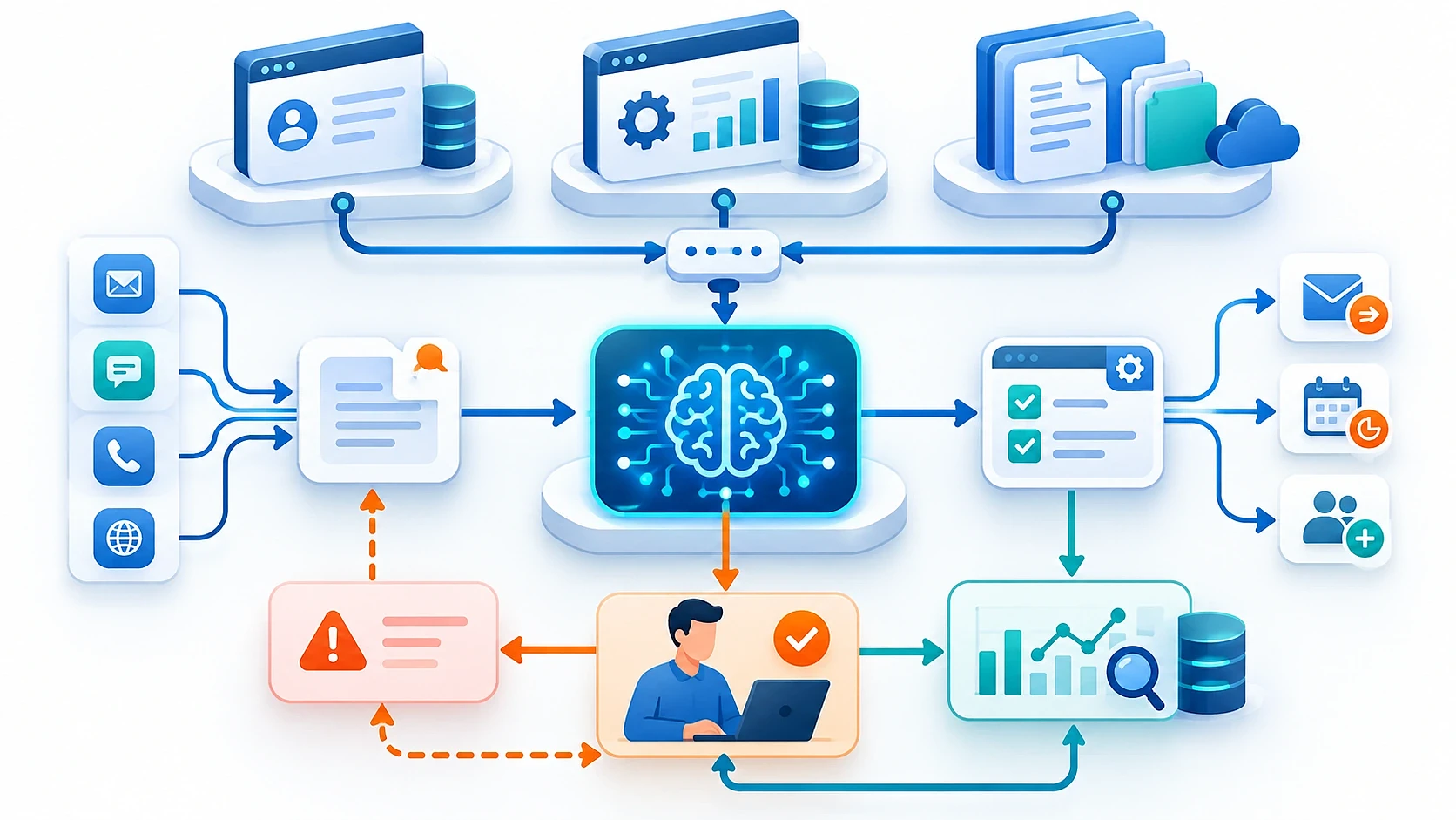 AI integration architecture connecting incoming requests, CRM, ERP, validation, employee review, and logs
