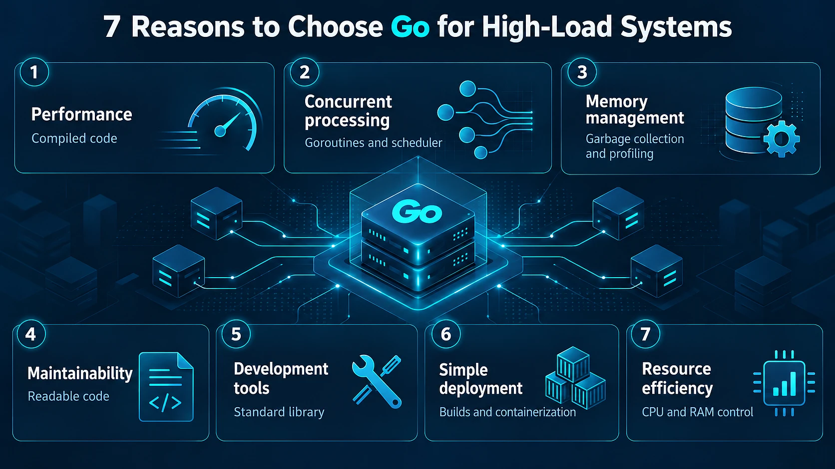 Seven Go strengths covering performance, concurrency, memory, maintainability, tooling, deployment, and resources