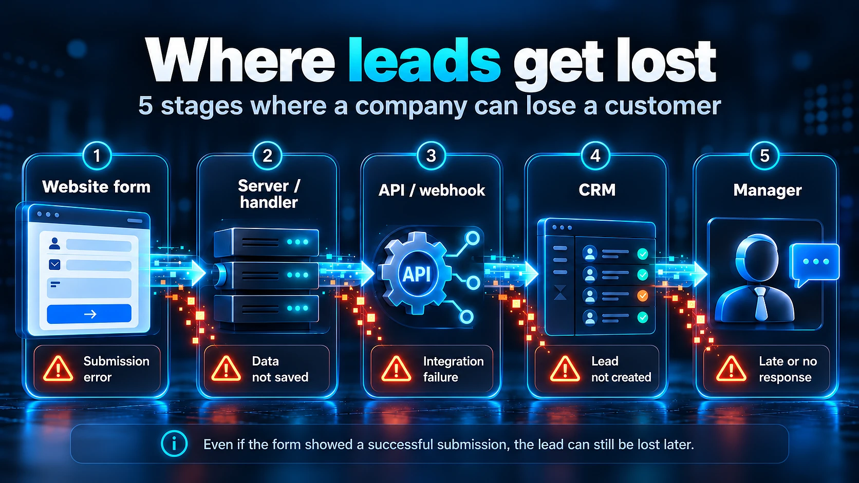 Five stages of a lead's journey: form, server, transfer, CRM, and sales rep response