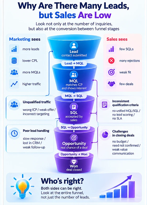 B2B lead qualification funnel from Lead through MQL, SQL, Opportunity, and Won