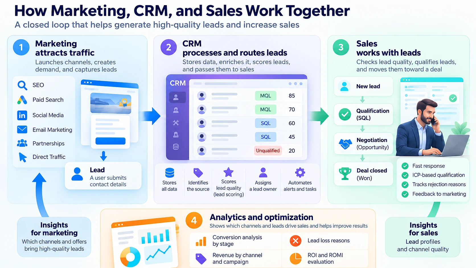 Marketing, CRM, sales, and analytics connected through a lead-quality feedback loop