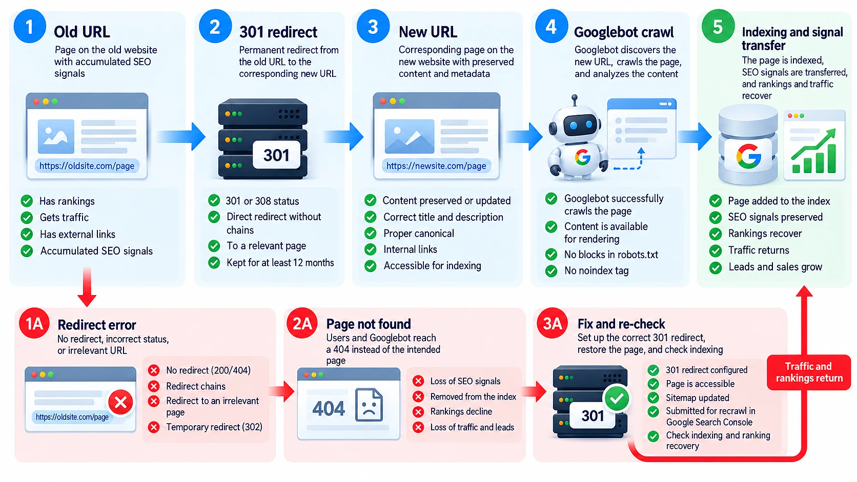 Old URL redirects to a new page before Googlebot crawling and indexing, with an error repair branch